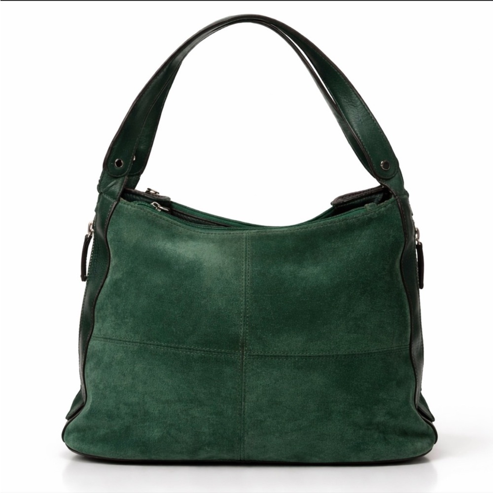 Tignanello Forest Green Suede Shoulder Expandable Bag. Zip Sides Change Size.